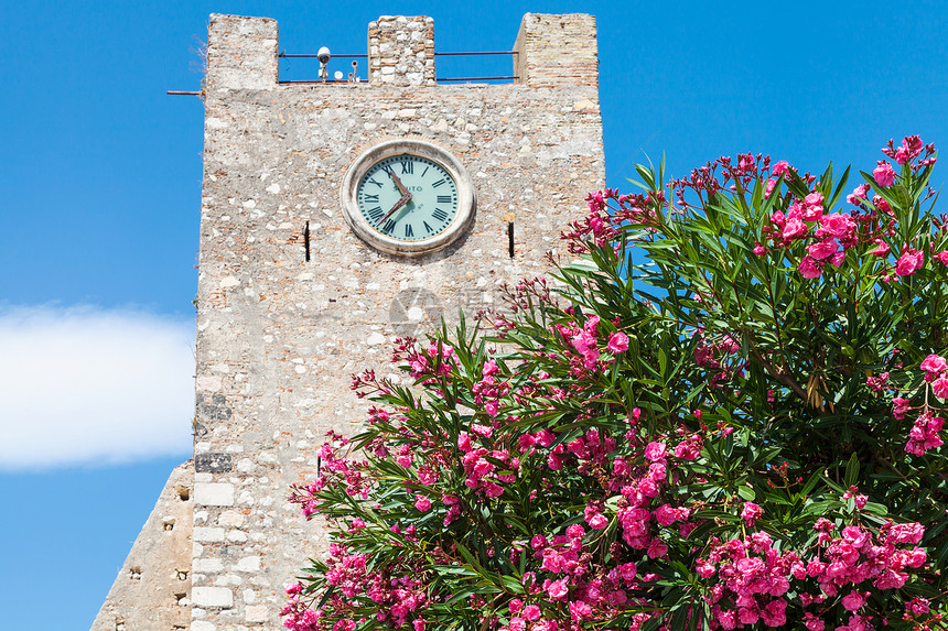 前往西西里岛意大利夹竹桃树和中世纪钟楼托瑞戴尔奥罗洛吉奥在广场九四月在陶尔米纳市在夏天图片