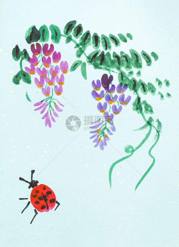 以水彩油漆为特色的神博库加式水彩画培训开花的维西雅植物和蓝色纸上的小虫图片