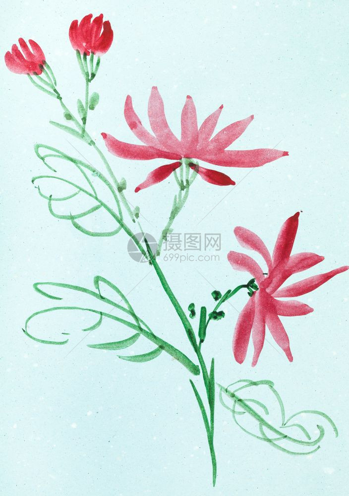 以水彩油漆为特色用水彩涂料进行sudibukuga风格的培训蓝彩纸上的红花图片