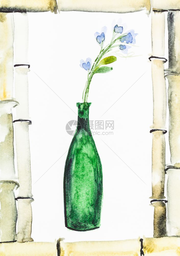 以水彩漆为特色用水彩涂料进行神博库加风格的培训绿色玻璃瓶中的鲜蓝花在白纸上的竹干框中图片