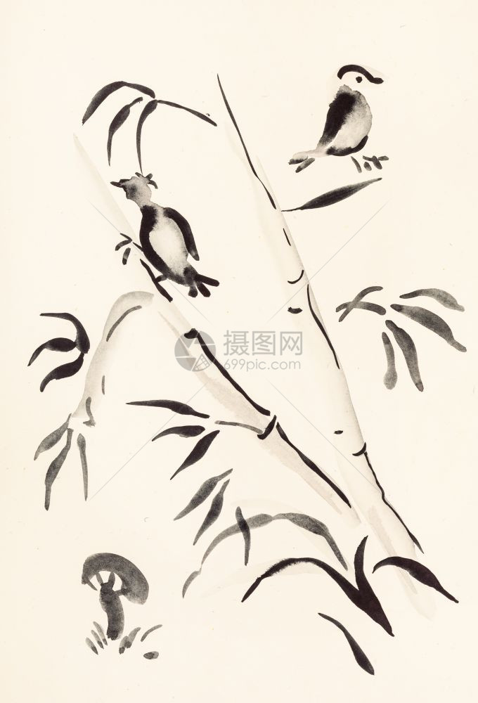 以水彩漆为特色用水彩画进行神博库加风格的培训用象牙彩纸做竹子的鸟和蘑菇做象牙彩纸的蘑菇图片