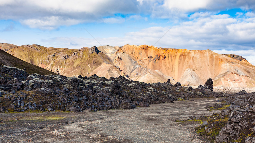 前往冰岛高地区Fjellabak自然保护区Landmannalaugar地区的Laughahraun火山熔岩田的徒步道路图片