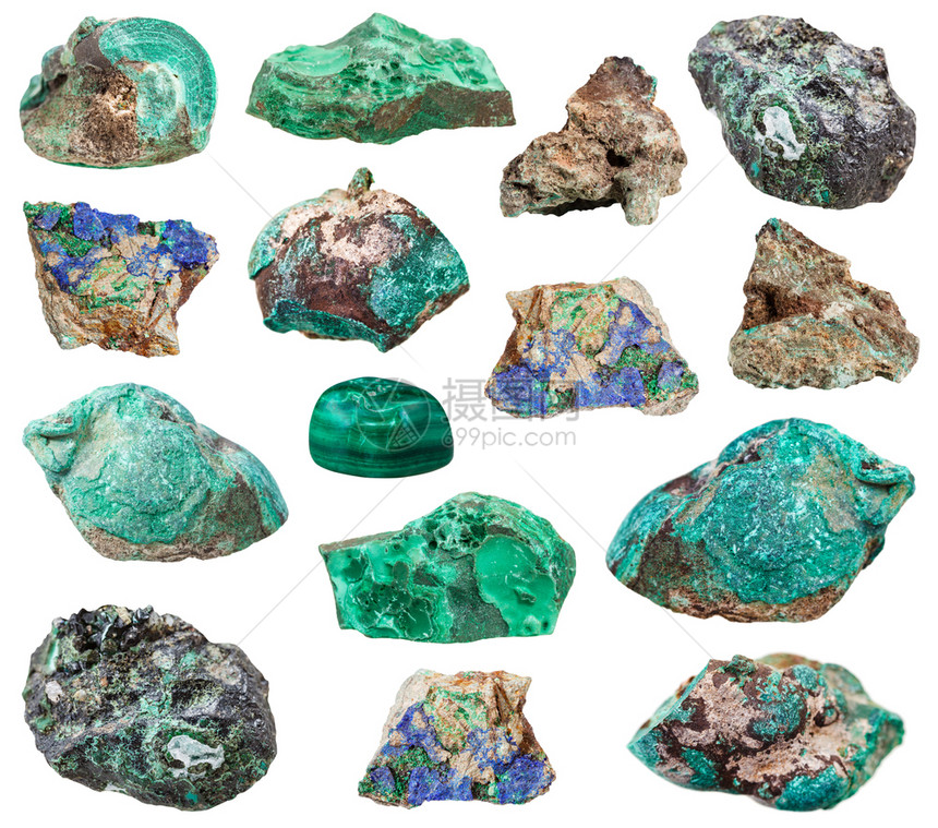 收集的自然矿物样本白底分离的各种马拉奇特石块图片