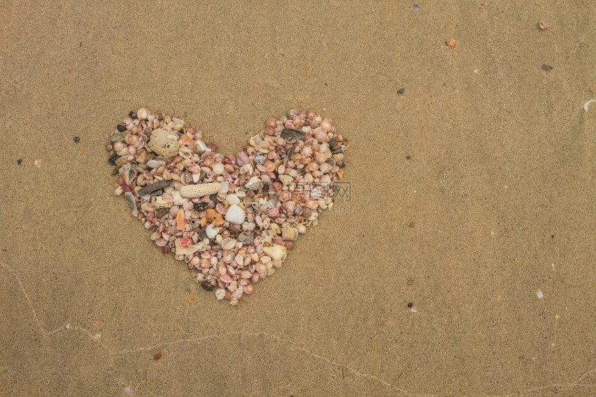 夏天由海壳组成的心躺在沙滩上图片
