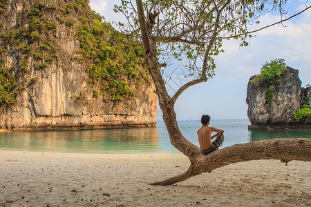 一位坐在树上的男人观光泰国热带海滩风景图片