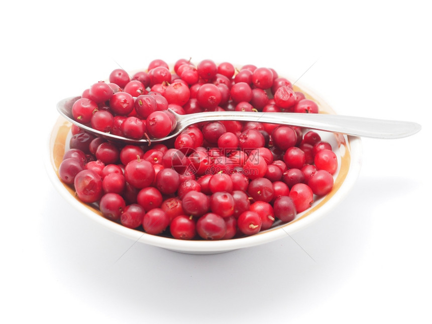白种背景的碗里红莓图片