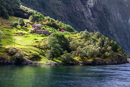 挪威fjord岸边的日光房屋图片