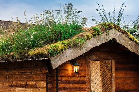 挪威传统住房有地盘屋顶高清图片