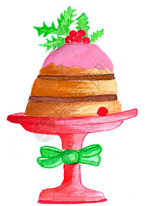 水彩蛋糕手画水彩色圣诞蛋糕在摊上背景