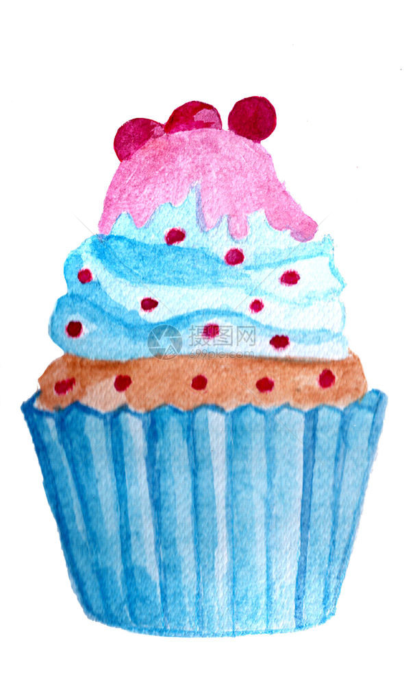 手画水彩蓝色纸杯蛋糕和浆果图片