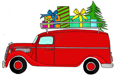屋顶上有圣诞礼品的手牵运货卡车背景图片