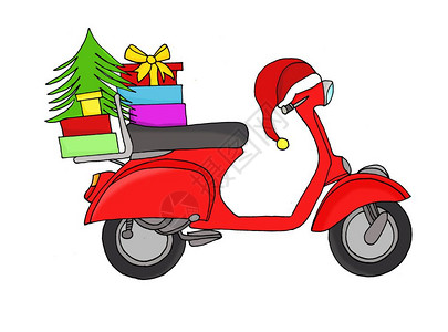 手提行李架上带圣诞礼物的手牵摩托车背景图片