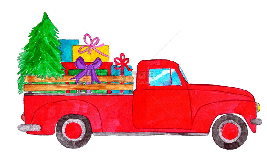 带圣诞礼物手工油漆水彩色的回程皮卡车图片