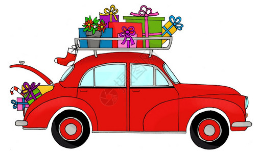 带圣诞礼物的回装车在旧式行李架上手工油漆水彩色背景图片