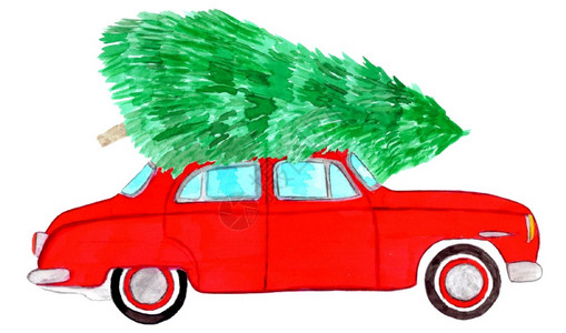屋顶有圣诞树手工喷漆水彩的回装圣诞树汽车图片