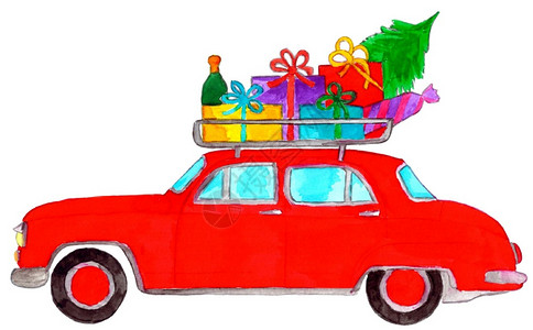 带圣诞礼物的回装车在旧式行李架上手工油漆水彩色背景图片
