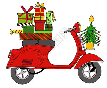 手提行李架上带圣诞礼物的手牵摩托车图片