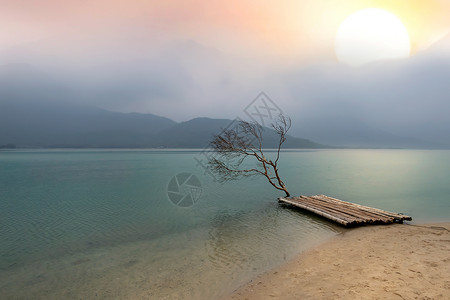 树木和竹筏与平静的海面反映了明亮的天空像镜子一样面色背景海图片