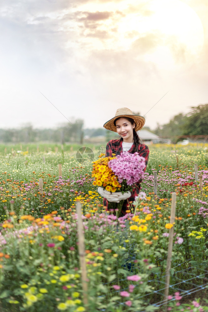拥有鲜花自然田中的肖像快乐农民图片