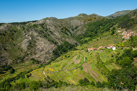 雅纳兹山谷梯田景观MiradourodosSocalcos俯瞰农业梯田著名的风格景观PortaCovaplaceSisteloArcosd背景