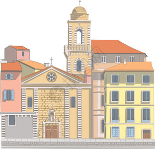 法国东北部小镇城市中古老的世纪房屋塔楼插画