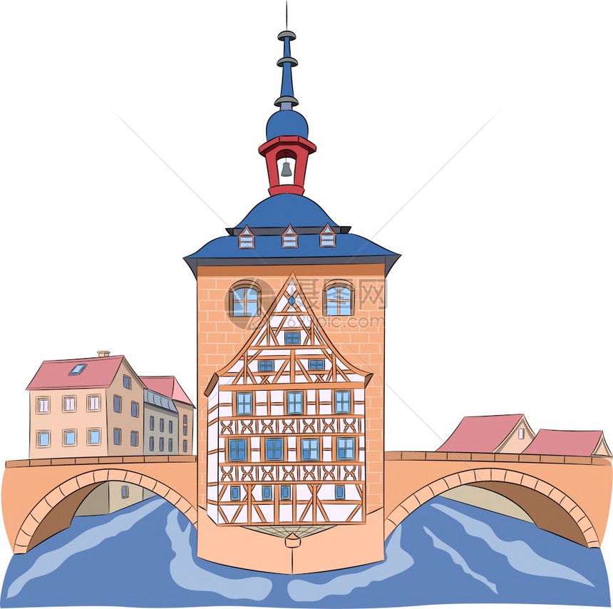 在河上桥的古老中世纪市政厅大楼图片