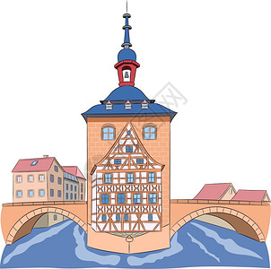 最古老的桥在河上桥的古老中世纪市政厅大楼插画