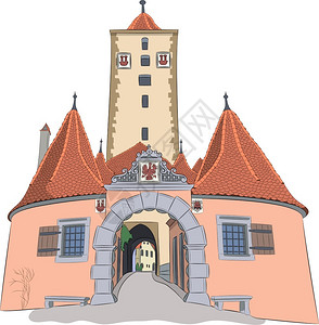 中世纪拱门城市中世纪的布尔特格门和一座塔插画