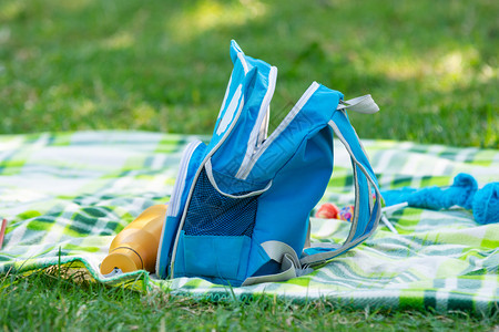 儿童背包和水瓶放在野餐的床铺上图片