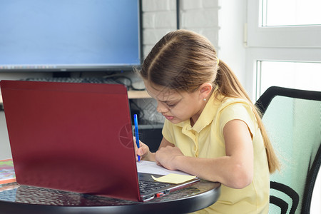 女孩在家做庭作业坐在笔记本电脑屏幕前图片