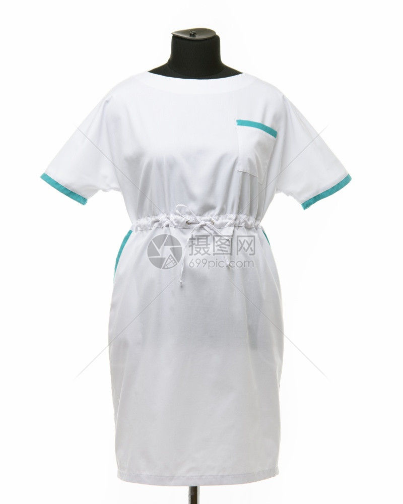 白色背景前视穿白色衣服的模特女上医务长袍图片