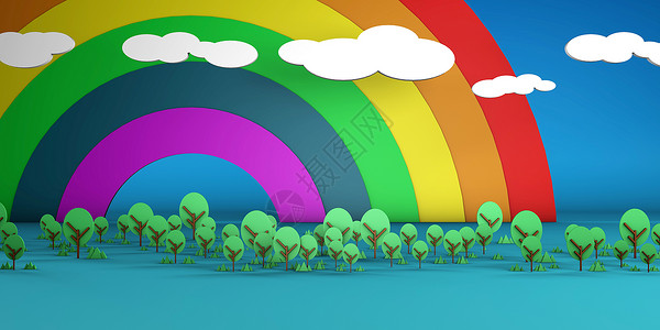 彩虹树和云的卡通景观背景图片