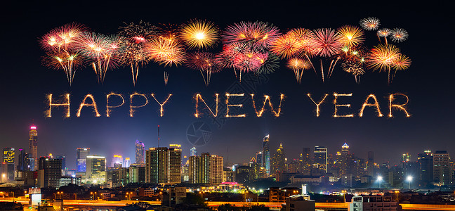 新年的烟火闪夜里和Bandkok市风景背景图片