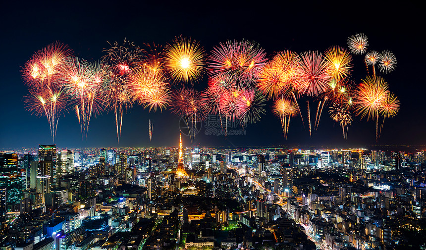 日本东京市风景的烟花节日图片