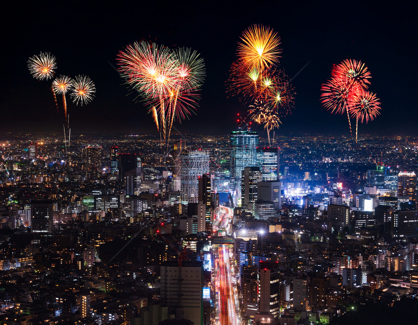 日本东京市风景的烟花节日图片