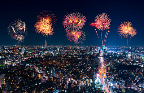 日本东京市风景的烟花节日图片