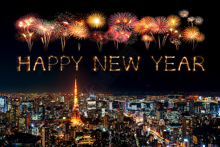 日本东京铁塔庆祝新年节烟花在日本东京市风景设计图片