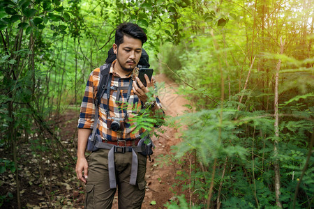 自然林中使用智能手机背包的男旅客图片