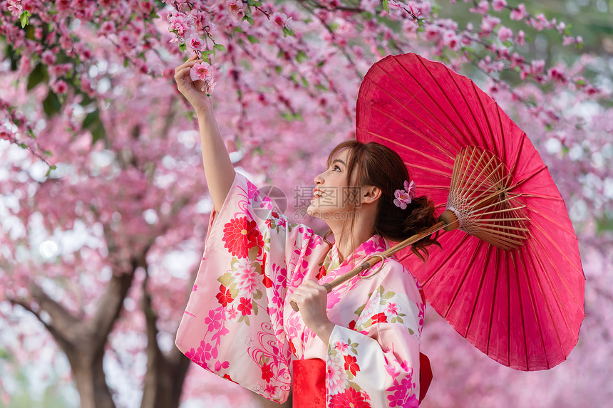 衣着齐莫诺kimonodress的妇女拿着雨伞图片