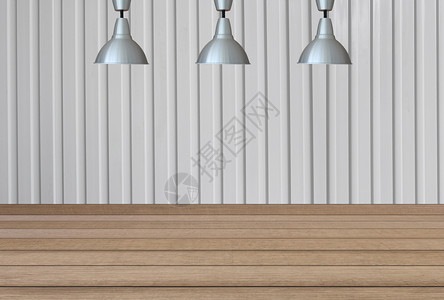 天花板上的银灯和白金属板墙上的背景面有棕色木地板内置设计概念图片