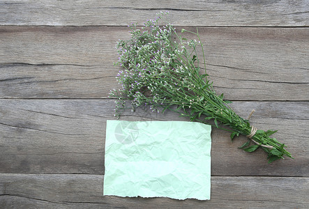 棕色木制背景的花草和皱纹绿皮纸图片