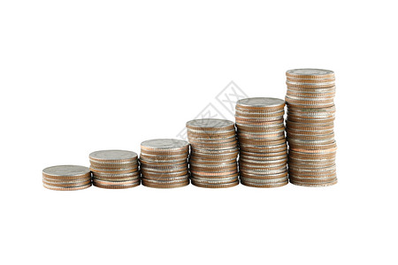 白背景商业增长概念中的银质硬币堆图片