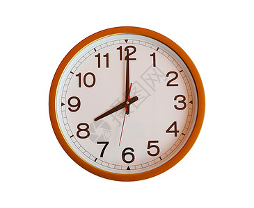 8点时在白色背景上隔开的橙色墙壁钟图片