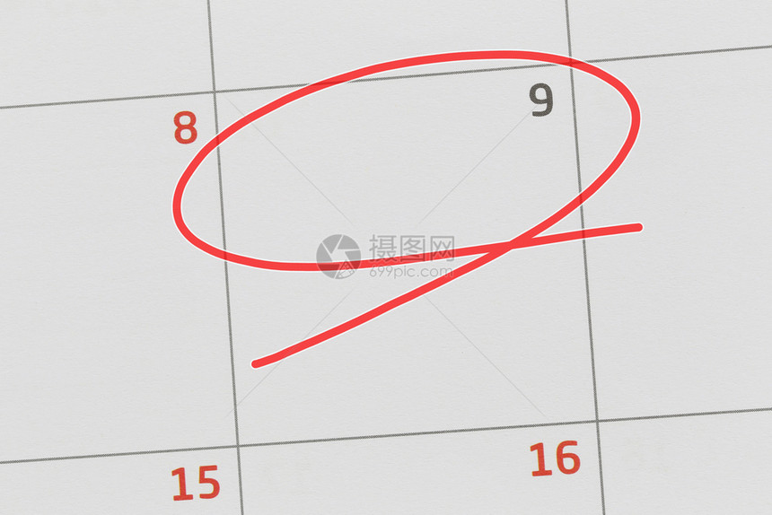 关注日历中的第9号和空白的红色椭圆来设计你的想法和工作概念图片