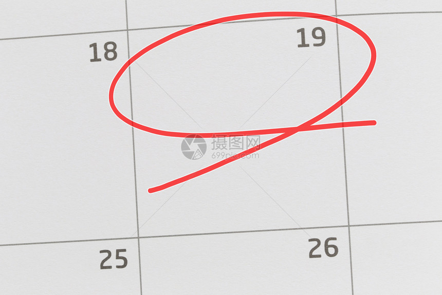 关注日历中的第19号和空白的红色椭圆来设计你的想法和工作概念图片