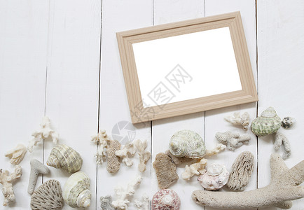 白木地板上的质相框有壳牌和珊瑚礁用于海洋和夏季旅游的概念背景