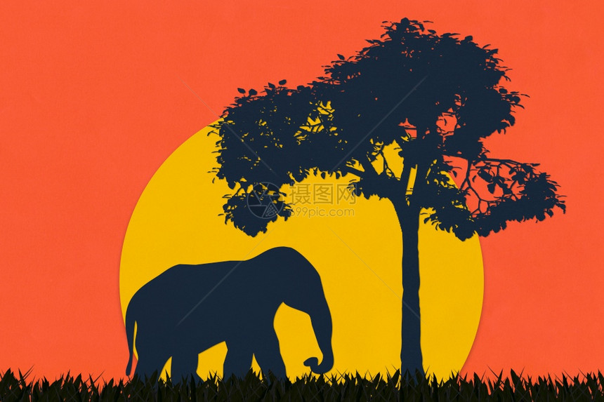 大象和树由画纸制成以光影风格纸艺术狩猎日落图片