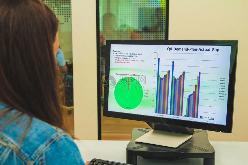 在办公室的桌上用台式计算机工作时一位年轻女商人在看屏幕她从后面看一眼她正在用图形表和分析统计数据这是现代和舒适的内部办公室图片
