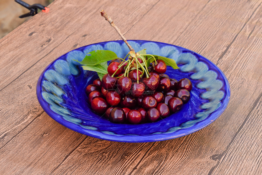 蓝盘子里甜樱桃的浆果成熟的红甜樱桃蓝盘子里甜樱桃的浆果成熟的红甜樱桃图片