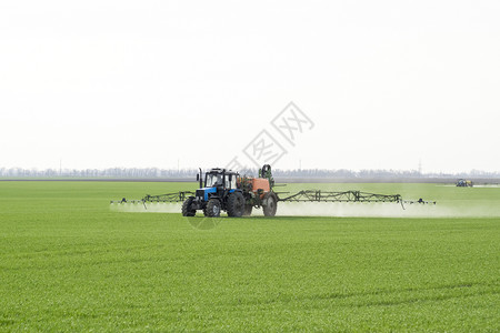 农药化肥俄罗斯Temryuk附近的田地2017年5月日高轮拖拉机正在对小麦施肥使用微散喷洒的化学品拖拉机配备微散喷洒化肥的装置拖拉机配备背景